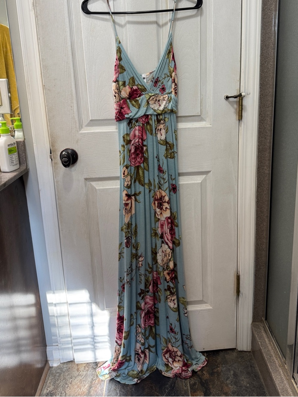Floral Spaghetti-Strap Maxi Dress in Light Blue